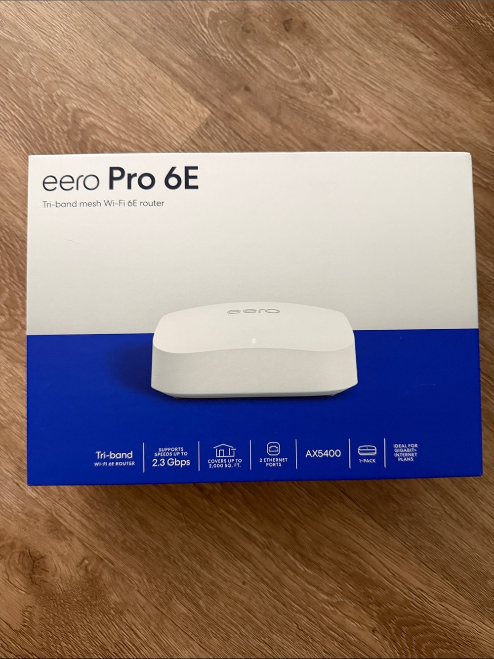 eero Pro 6E White Router with Blue Accent Packaging